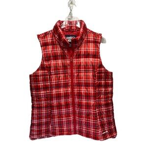 Lands' End Womens LT Red Buffalo Plaid 80/20 Down Quilted Puffer Vest Sleeveless